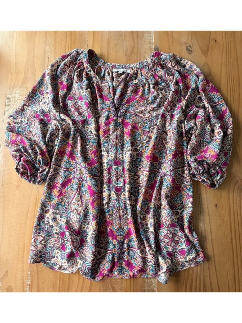 Rose + Olive Pink Boho Smocked Back Button Up V-Neck Tunic Top Women 2X Office